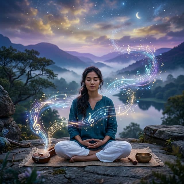 A serene scene representing the connection between music and meditation with ethereal sound waves